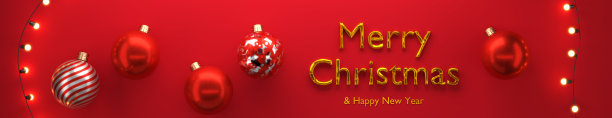 圣诞快乐和新年快乐的红色背景与圣诞玩具。为您设计的宽横幅。3 d渲染。图片下载