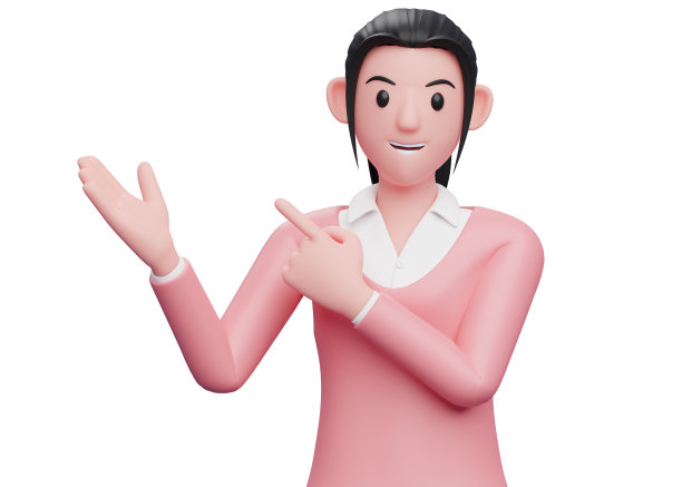 甜美的女孩在粉红色的毛衣指点和推荐姿势侧面向上，一个商业女人在粉红色的毛衣指点3d插图图片下载