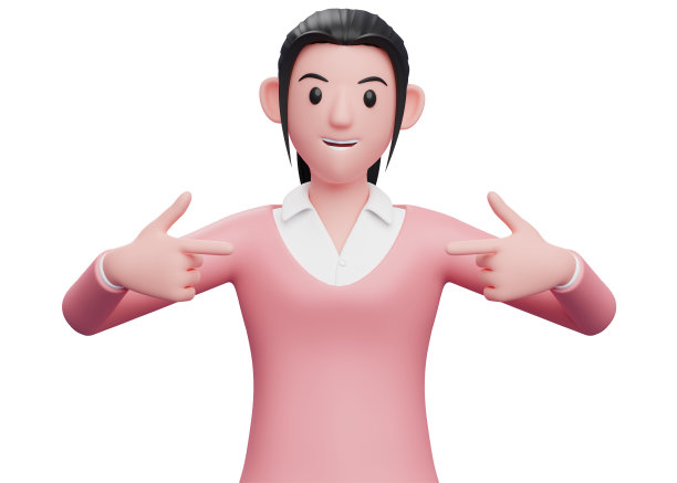 甜美的女孩在粉红色的毛衣指向自己，一个商业女人在粉红色的毛衣指向3d插图图片下载