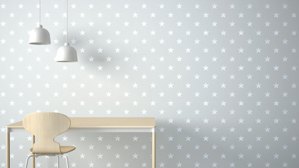 极简的建筑师设计理念，桌椅、厨房或办公室的台灯，星空壁纸背景，白色的室内设计理念与复制空间图片下载