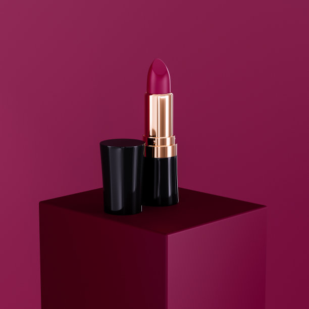 高级深红色口红产品在广场舞台。孤立的红色背景。口红3 d演示图片下载