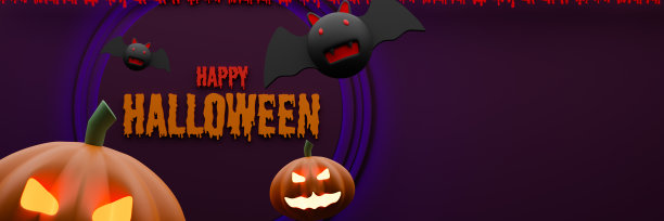 3 d渲染。快乐万圣节，概念横幅，海报或传单设计，广告模板，网络，社交，南瓜鬼和蝙蝠在紫色背景上的购物日。图片下载