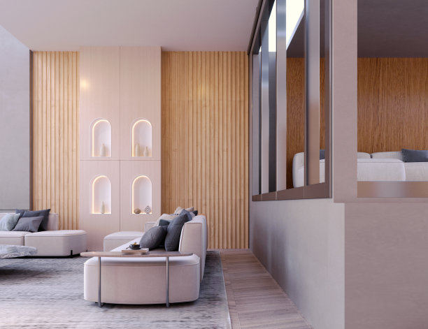 3d渲染，3d插图，室内场景和模型，客厅室内复式，高天花板当代家具风格。图片下载