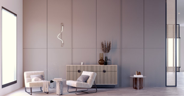 3d渲染，3d插图，室内场景和模型，扶手椅和餐具柜渲染室内3d。图片下载