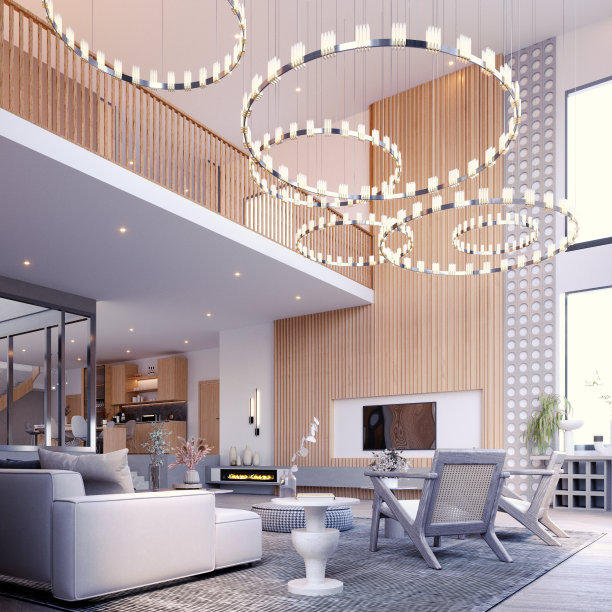 3d渲染，3d插图，室内场景和模型，客厅室内复式，高天花板当代家具风格。图片下载