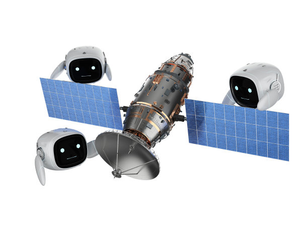 通信技术理念与小型机器人配合卫星天线工作图片下载