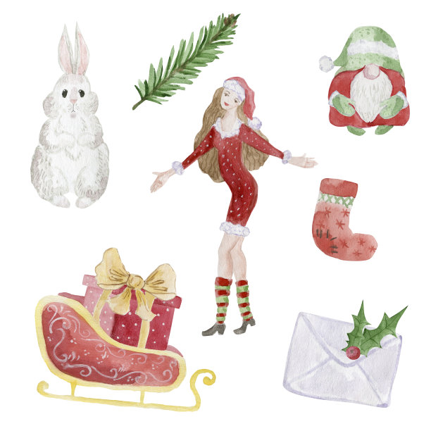 一套圣诞水彩元素。女孩打扮成圣诞老人。图片下载