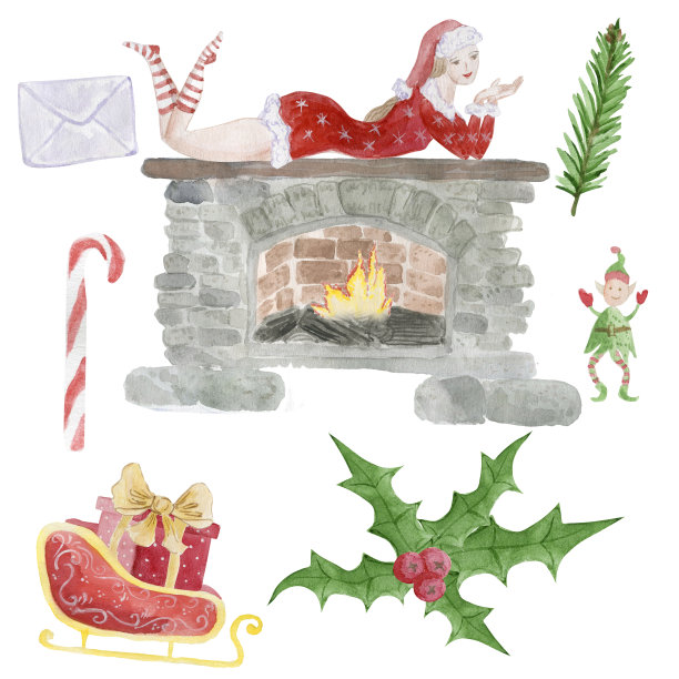 一套圣诞水彩元素。女孩打扮成圣诞老人。图片下载