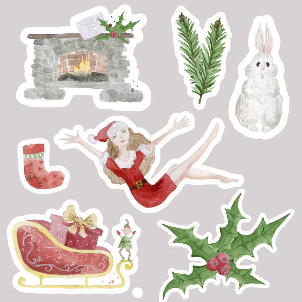 一套圣诞水彩元素。女孩打扮成圣诞老人。圣诞贴纸。图片下载