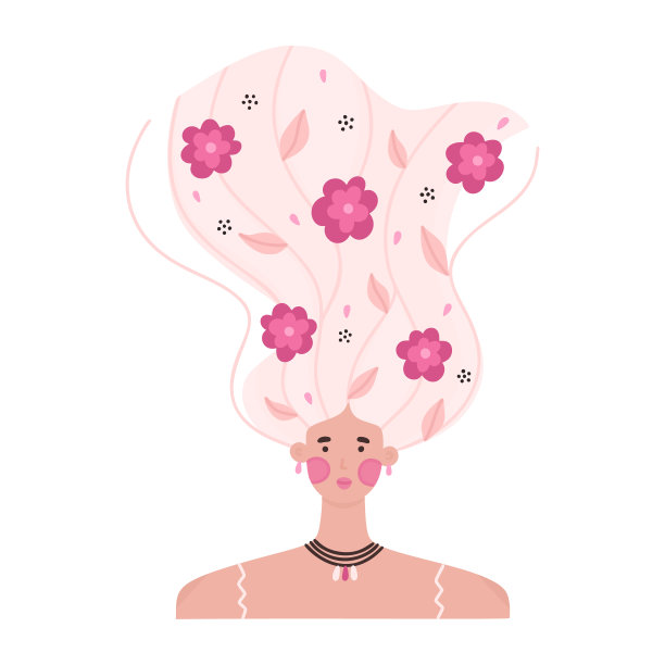 用许多花朵装饰的卷发女孩肖像。花发夹。发型绽放的女人图片下载