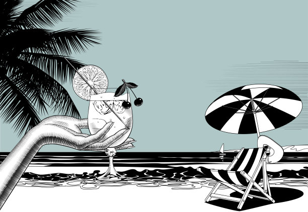 女人的手拿着水果鸡尾酒和沙滩椅，对着大海打着伞图片下载