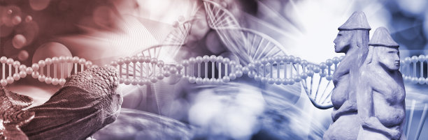 DNA链的三维图像覆盖海龟头和古代崇拜雕塑的图像图片下载