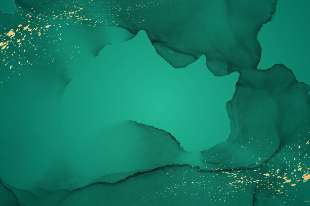 水彩背景与抽象的翠绿色墨水波和金色的飞溅。图片下载