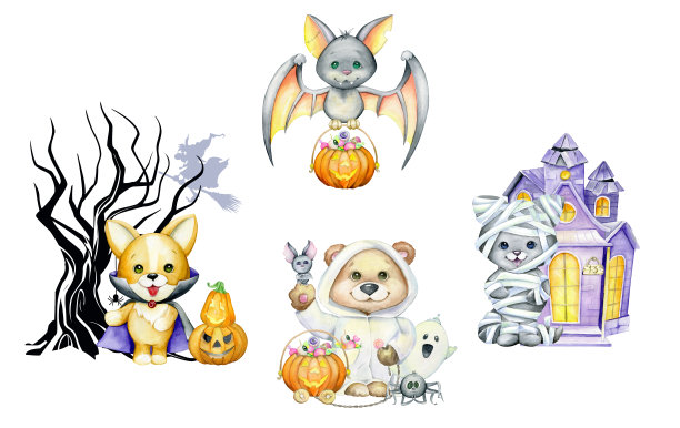 小熊，带糖的南瓜，蝙蝠，嘘声。水彩剪贴画，为节日，万圣节，卡通风格。图片下载
