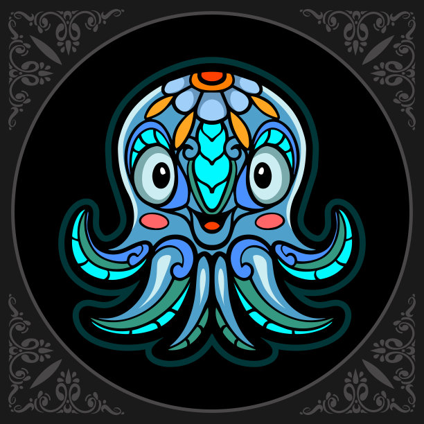 彩色海怪章鱼艺术孤立在黑色背景。图片下载