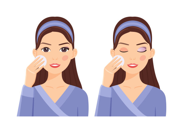 美丽的女人与棉花在手上卸妆在脸上。漂亮快乐的女士睁开和闭上的眼睛。之前和之后。彩色卡通风格。白色背景。矢量图像的美设计。图片下载