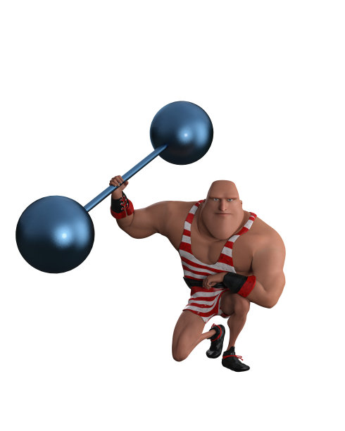 卡通强壮的男子穿着复古服装跪着，一只手拿着大杠铃。3D插图孤立在白色背景。图片下载