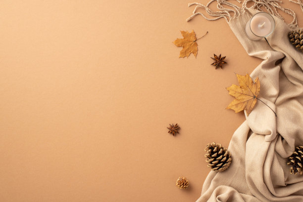 秋天的灵感的概念。顶视图照片的黄色枫叶蜡烛茴香松果和格子上孤立的米色背景与copyspace图片下载