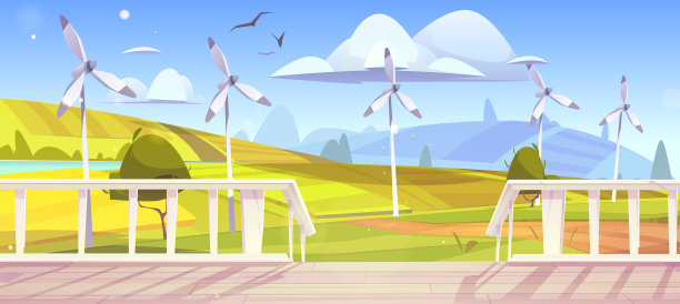 乡村景观与风力涡轮机和门廊图片下载
