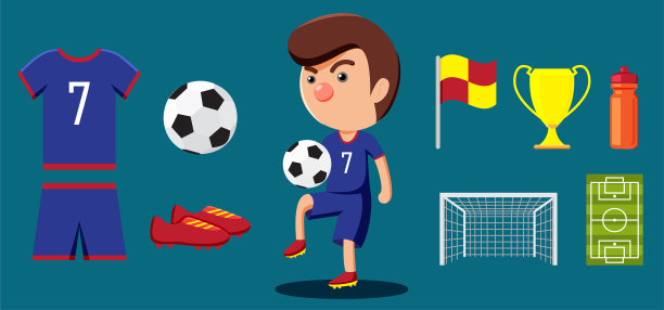 运动员及足球运动器材，如足球、制服、螺柱、旗帜、奖杯、水瓶、球门、场地等图片下载
