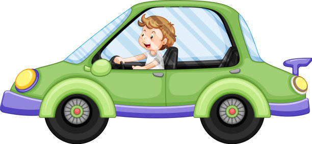 卡通男孩开着绿色汽车图片下载
