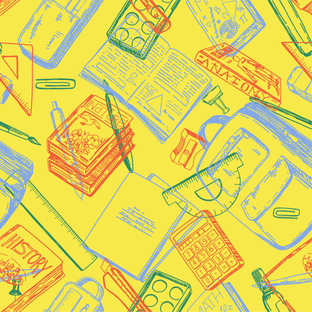 装饰学校用品。背包，笔记本，课本，文具项目，在复古素描风格的初学者艺术家工具。回到学校矢量无缝模式。图片下载