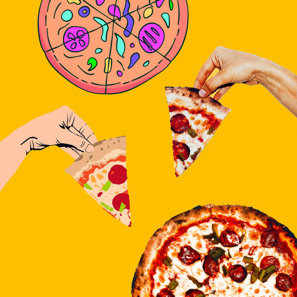 时尚mimimal插图。混合照片和素描。披萨爱好者，垃圾食品的概念图片下载