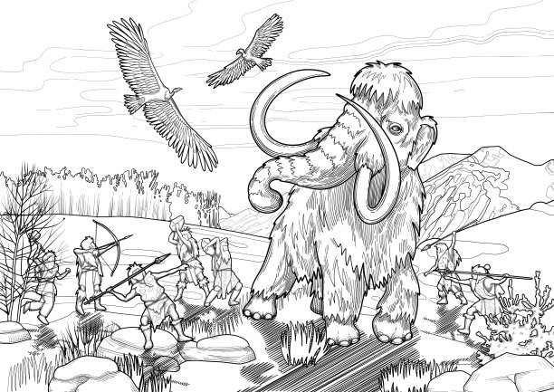 穴居人骑着猛犸象狩猎的生动场景图片下载