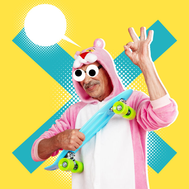 有趣的滑板者。可爱的情感高级男人在黄色的背景。以杂志风格拼贴。超现实主义，艺术，时尚和复古的风格概念。图片下载