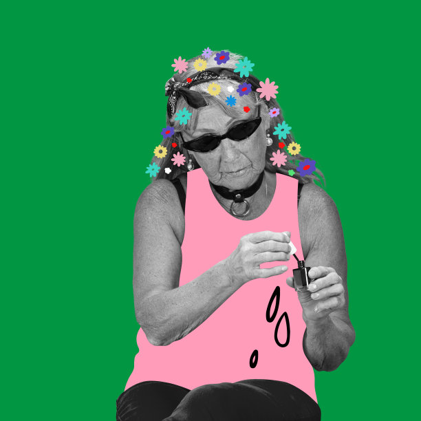 奢侈的高级妇女与绘制的花朵在头上的绿色背景。超现实主义，艺术，创意，时尚和复古的风格概念。艺术作品图片下载