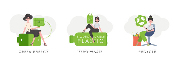 一套以生态为主题的女孩角色。卡通风格。向量。图片下载