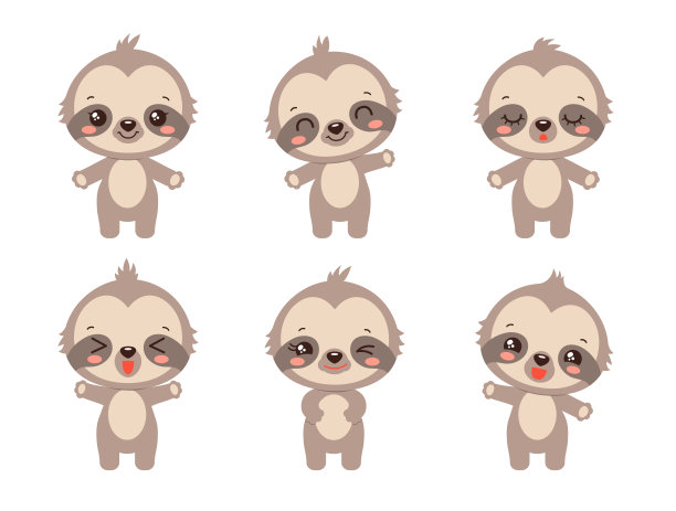 卡通树懒卡哇伊风格的表情。树懒宝宝性格设定了各种情绪。图片下载