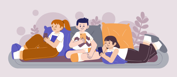 一群快乐的青少年男女在卡通人物中使用智能手机图片下载