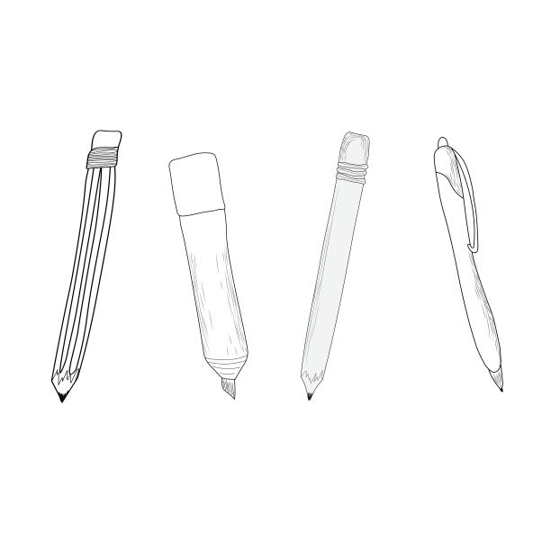 铅笔、笔和记号笔的线条画，着色文具的轮廓画，学校文具。图片下载