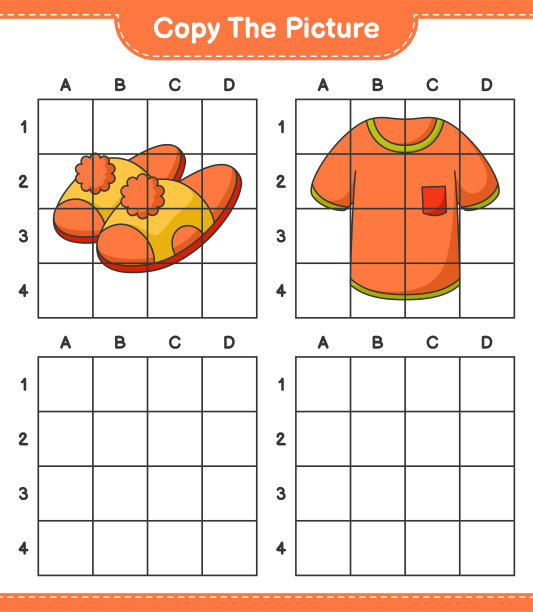 复制图片，复制t恤和拖鞋的图片使用网格线。教育儿童游戏，可打印的工作表，矢量插图图片下载