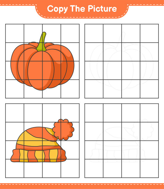 复制图片，用网格线复制南瓜和帽子的图片。教育儿童游戏，可打印的工作表，矢量插图图片下载