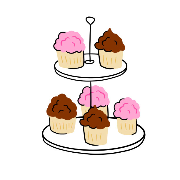 装有纸杯蛋糕的两层托盘。盘子里放着甜点。图片下载