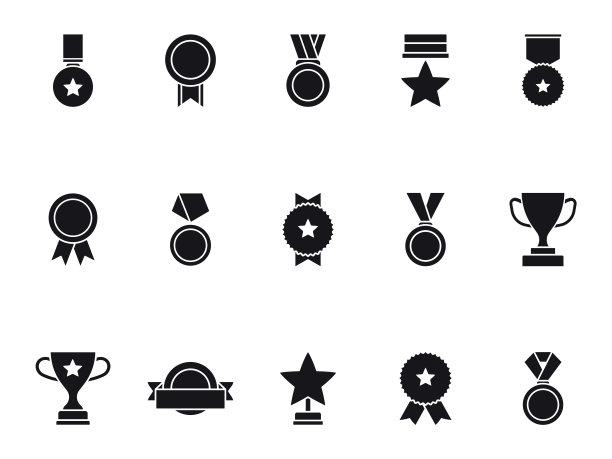 奖项和奖杯图标设置。收集徽章、奖牌和杯子。冠军奖牌给优胜者。矢量插图。图片下载