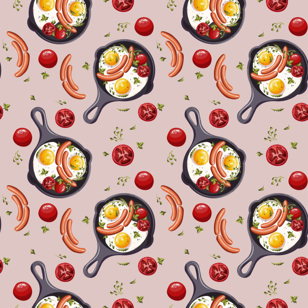 无缝图案平底锅炒蛋，香肠，西红柿。图片下载
