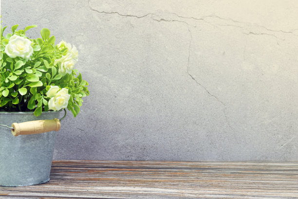 木桌上的盆栽轻叩砖墙。绿色植物。图片下载