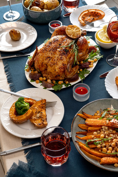 庆祝感恩节的传统节日晚餐。烤鸡、土豆和配菜。家庭聚会或聚会。秋天表设置。俯视图表场景图片下载