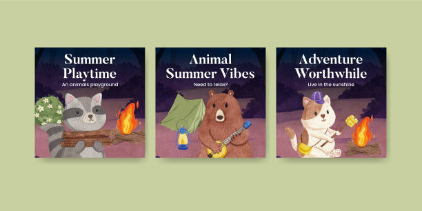 横幅模板与动物露营夏天图片下载