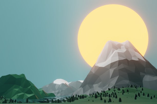 低多边形山脉风景背景。多边形山峰，顶部有雪，周围有树木。日落壁纸。3D渲染插图。设计用背景图案。图片下载