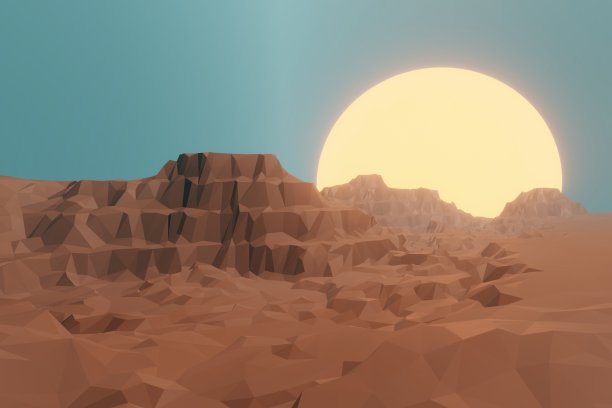 抽象多边形峡谷景观，山脉，天空与日落。3d渲染插图。用于设计的背景图案。图片下载