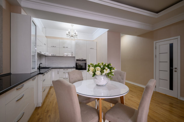 豪华的白色现代厨房与餐桌图片下载
