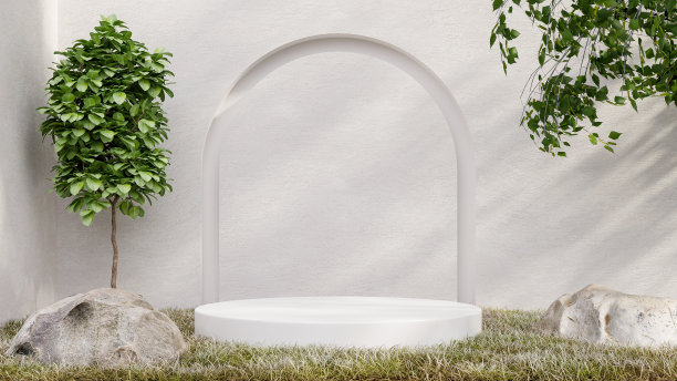 热带森林白色圆形底座，用于产品展示。图片下载