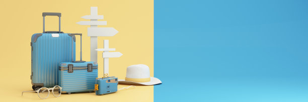 夏天，行李、相机、墨镜、帽子、摩托车、飞机和世界地图包围着你。网页横幅形式上的柔和色调。卡通3 d渲染图片下载