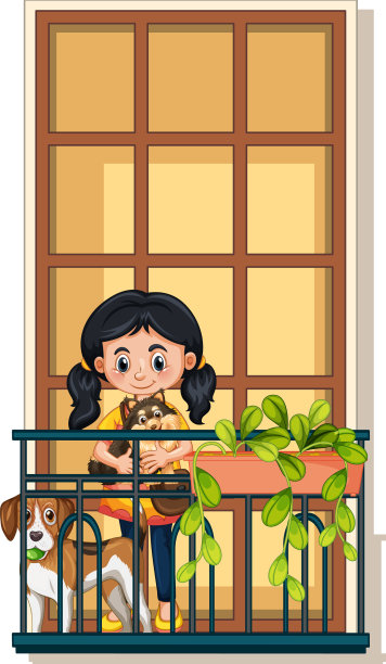 一个女孩和她的狗站在阳台上图片下载