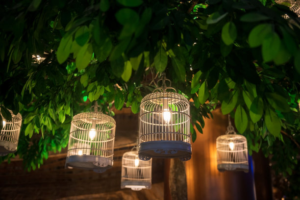 挂在假绿树上的笼灯点亮图片下载