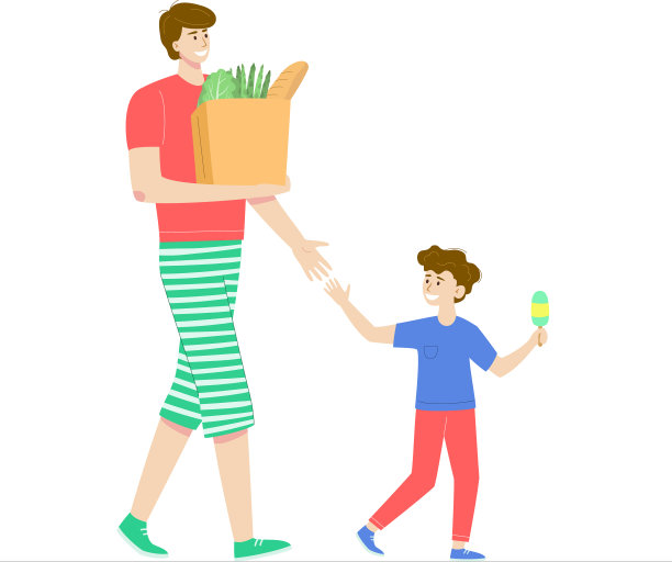 爸爸和孩子带着商店里的杂货去图片下载